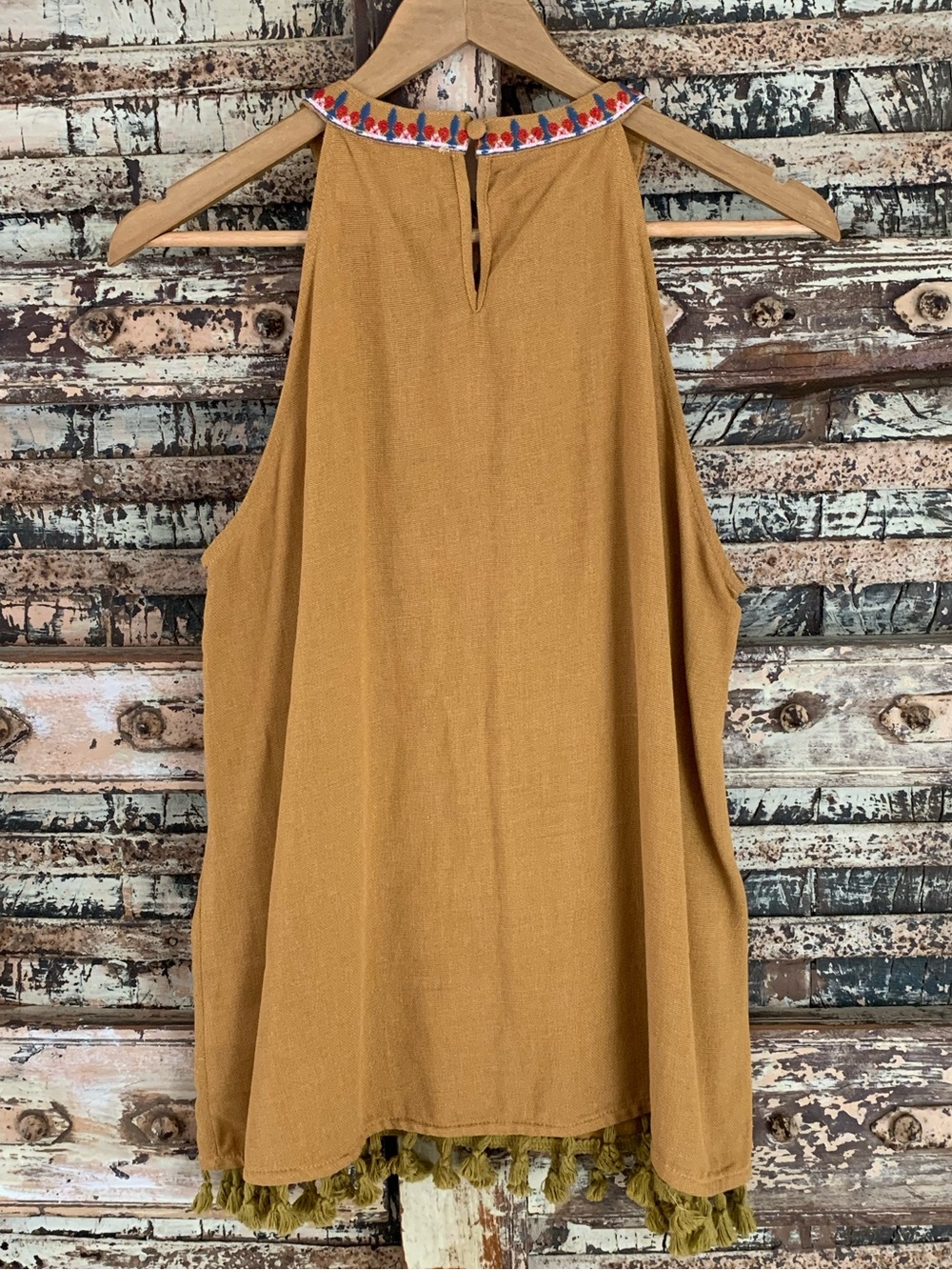 Savanna Jane Boho Mustard Halter Tank Multicolor Embroidery & Tassels, L - Picture 2 of 6